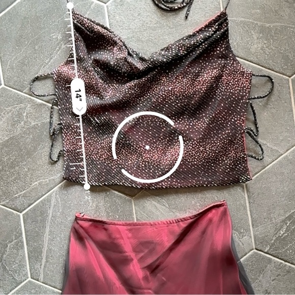 VTG 90s Sparkly 2 Pc Lace Up Back Cowl Neck Top & Mesh Overlay Skirt Formal Set - Picture 11 of 14